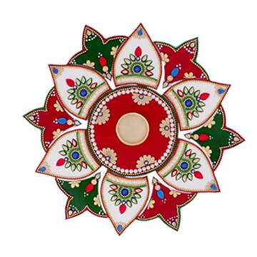 Itiha White Red Green 13 Pieces Rangoli Indian Decor for Wall Decoration, Floor Decoration & Table Decoration for Diwali & Christmas with Tea Light Candle Holder (15 inches * 15 inches)