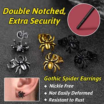 Black Punk Spider Earrings for Men Stainless Steel Araneid Jewelry Ear Charms Birthday Gift