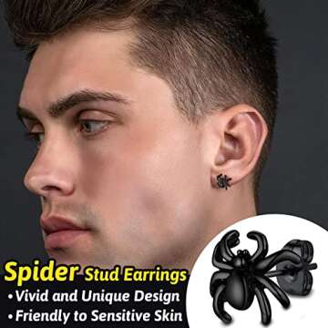 Black Punk Spider Earrings for Men Stainless Steel Araneid Jewelry Ear Charms Birthday Gift