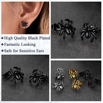Black Punk Spider Earrings for Men Stainless Steel Araneid Jewelry Ear Charms Birthday Gift