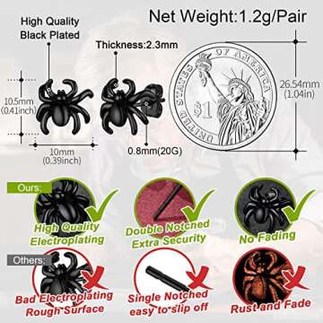 Black Punk Spider Earrings for Men Stainless Steel Araneid Jewelry Ear Charms Birthday Gift