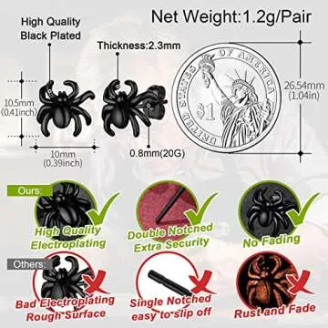 Black Punk Spider Earrings for Men Stainless Steel Araneid Jewelry Ear Charms Birthday Gift