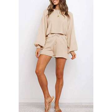 ZESICA Women's Casual Long Sleeve Solid Color Knit Pullover Sweatsuit 2 Piece Short Sweater Outfits Sets,Apricot,Large