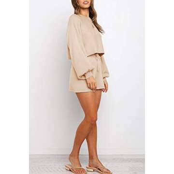 ZESICA Women's Casual Long Sleeve Solid Color Knit Pullover Sweatsuit 2 Piece Short Sweater Outfits Sets,Apricot,Large