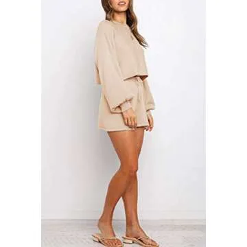 ZESICA Women's Casual Long Sleeve Solid Color Knit Pullover Sweatsuit 2 Piece Short Sweater Outfits Sets,Apricot,Large