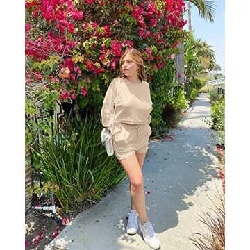 ZESICA Women's Casual Long Sleeve Solid Color Knit Pullover Sweatsuit 2 Piece Short Sweater Outfits Sets,Apricot,Large