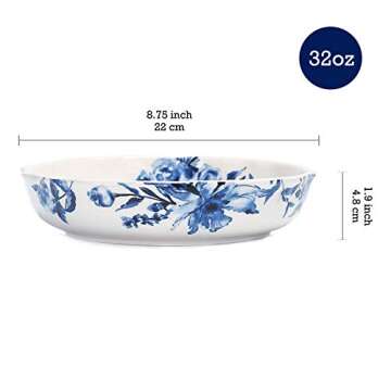 Bico Watercolor Blue Flower Ceramic 32oz Scalloped Dinner Bowls, Set of 4, for Pasta, Salad, Cereal,...
