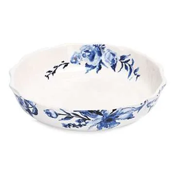 Bico Watercolor Blue Flower Ceramic 32oz Scalloped Dinner Bowls, Set of 4, for Pasta, Salad, Cereal, Soup & Microwave & Dishwasher Safe