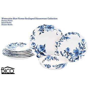 Bico Watercolor Blue Flower Ceramic 32oz Scalloped Dinner Bowls, Set of 4, for Pasta, Salad, Cereal, Soup & Microwave & Dishwasher Safe
