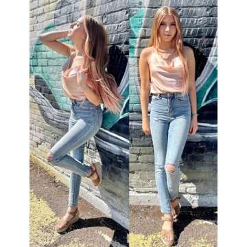 Ekouaer Satin Cowl Neck Tank Top Women Silk Camisole Champagne