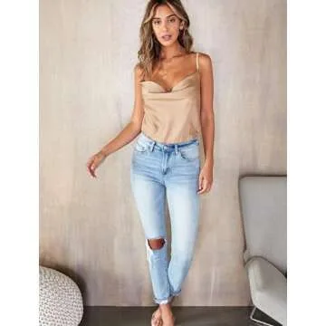 Ekouaer Satin Cowl Neck Tank Top Women Silk Camisole Champagne