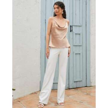 Ekouaer Satin Cowl Neck Tank Top Women Silk Camisole Champagne