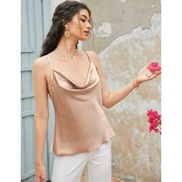 Ekouaer Satin Cowl Neck Tank Top Women Silk Camisole Champagne