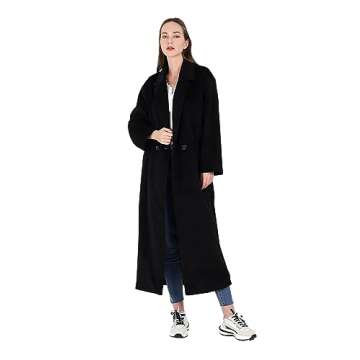 CHARTOU Women's Oversized Notched Collar Wool Blend Single Breast Midi Long Trench Coat (Large, Black)