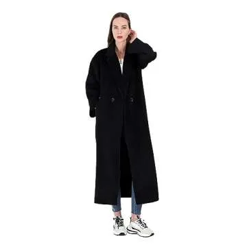 CHARTOU Women's Oversized Notched Collar Wool Blend Single Breast Midi Long Trench Coat (Large, Black)