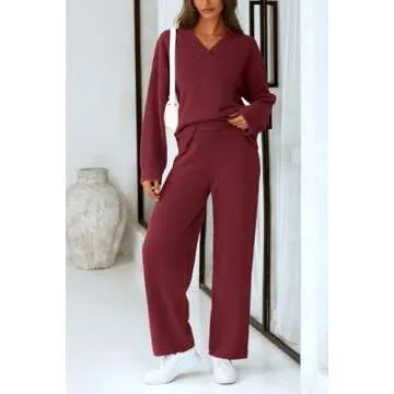 PRETTYGARDEN Women's 2 Piece Pullover Sweater Set Oversized V Neck Top Wide Leg Pants Fall Winter Fuzzy Lounge Outfit (Wine Red,Large)