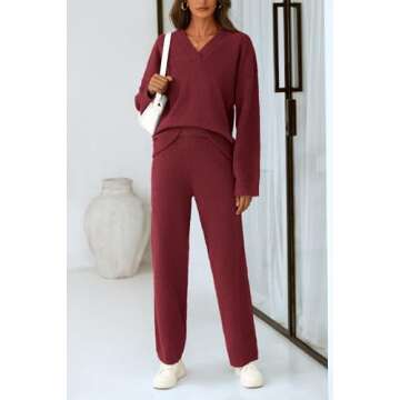 PRETTYGARDEN Women's 2 Piece Pullover Sweater Set Oversized V Neck Top Wide Leg Pants Fall Winter Fuzzy Lounge Outfit (Wine Red,Large)