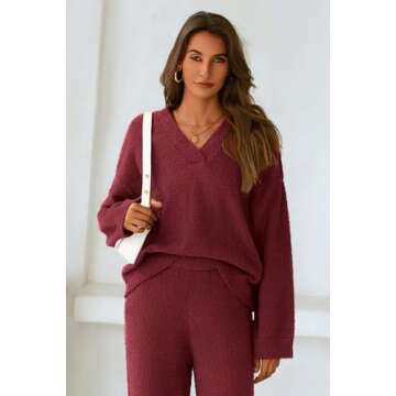 PRETTYGARDEN Women's 2 Piece Pullover Sweater Set Oversized V Neck Top Wide Leg Pants Fall Winter Fuzzy Lounge Outfit (Wine Red,Large)