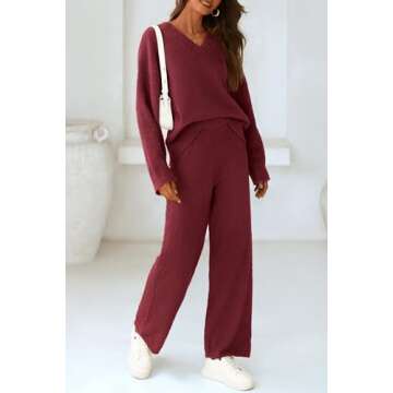 PRETTYGARDEN Women's 2 Piece Pullover Sweater Set Oversized V Neck Top Wide Leg Pants Fall Winter Fuzzy Lounge Outfit (Wine Red,Large)