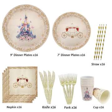 AIBIIN 112 PCS Princess Birthday Party Tableware Set – Enchanting Decor for 16 Guests