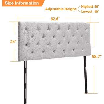 Awonde Upholstered Headboard Queen Velvet Headboard Adjustable Height Botton Tufted Headboard Panel Light Grey