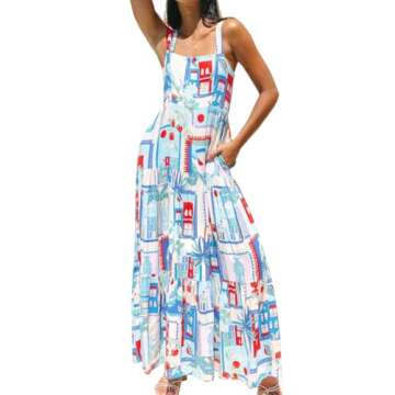 Fnkro Women Spaghetti Strap Colorful Dresses Funky Maxi Sun Dress Cute Summer A Line Swing Long Cami Casual Boho Vacation Sundress for Summer(M), Medium