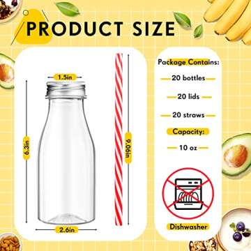 Yinkin 20 Set Plastic Milk Bottles with Straws Metal Lids Clear Plastic Containers for Dairy Milk Party Bottle for Juices Shakes Smoothies(10 oz,Red, White)