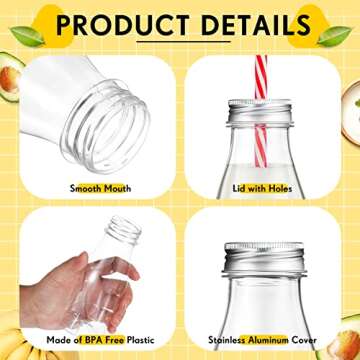 Yinkin 20 Set Plastic Milk Bottles with Straws Metal Lids Clear Plastic Containers for Dairy Milk Party Bottle for Juices Shakes Smoothies(10 oz,Red, White)