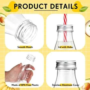 Yinkin 20 Set Plastic Milk Bottles with Straws Metal Lids Clear Plastic Containers for Dairy Milk Party Bottle for Juices Shakes Smoothies(10 oz,Red, White)