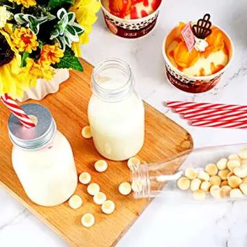 Yinkin 20 Set Plastic Milk Bottles with Straws Metal Lids Clear Plastic Containers for Dairy Milk Party Bottle for Juices Shakes Smoothies(10 oz,Red, White)