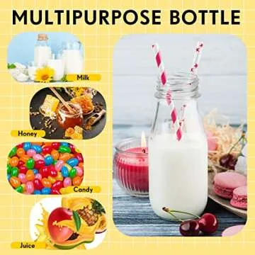 Yinkin 20 Set Plastic Milk Bottles with Straws Metal Lids Clear Plastic Containers for Dairy Milk Party Bottle for Juices Shakes Smoothies(10 oz,Red, White)