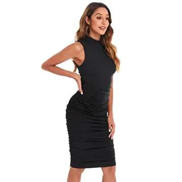 Floerns Women's Solid Sleeveless Mock Neck Knee Length Ruched Bodycon Dress Black M