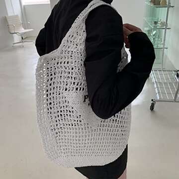 POOOPSSD New Woven Bag, Straw Mesh Tote Bag, Beach, Shoulder Bag, Hobo Women, Foldable Large Capacity, for Holiday, Picnic and Party. (white)