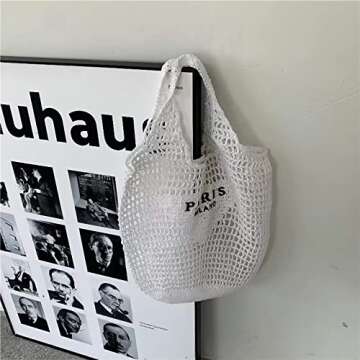 POOOPSSD New Woven Bag, Straw Mesh Tote Bag, Beach, Shoulder Bag, Hobo Women, Foldable Large Capacity, for Holiday, Picnic and Party. (white)