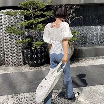 POOOPSSD New Woven Bag, Straw Mesh Tote Bag, Beach, Shoulder Bag, Hobo Women, Foldable Large Capacity, for Holiday, Picnic and Party. (white)