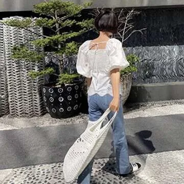 POOOPSSD Stylish Straw Mesh Tote Bag for Summer