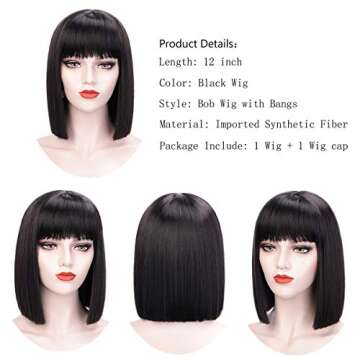 Juziviee Short Black Wigs for Women Costume 12'' Black Bob Wig with Bangs Cute Natural Soft Hair Wig...