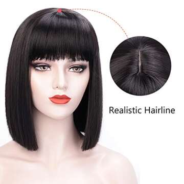 Juziviee Short Black Wigs for Women Costume 12'' Black Bob Wig with Bangs Cute Natural Soft Hair Wigs for Daily Party AD016BK1