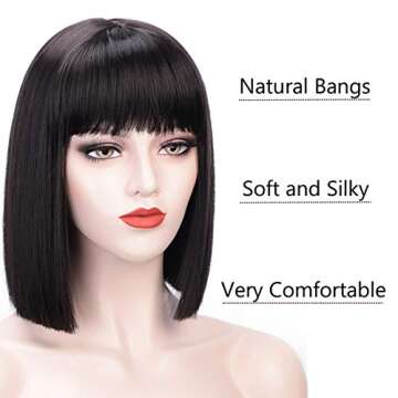 Juziviee Short Black Wigs for Women Costume 12'' Black Bob Wig with Bangs Cute Natural Soft Hair Wigs for Daily Party AD016BK1