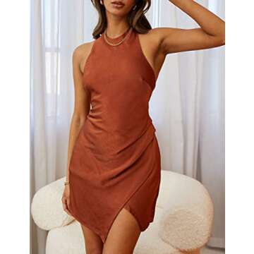 Satin Halter Tie Neck Backless Mini Dresses- Sexy Slit Ruched Open Back Twist Silk Formal Short Dress for Women Party Night Medium