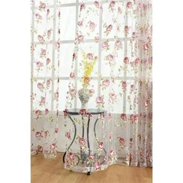 Kolachic Rod Pocket Top Rose Floral Sheer Voile Curtain, Pink Flower Tulle Transparent Window Treatm...