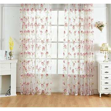 Kolachic Rod Pocket Top Rose Floral Sheer Voile Curtain, Pink Flower Tulle Transparent Window Treatment for Living Room Bedroom Glass Door, 54 by 84 Inch Each,1 Set of 2 Panels …