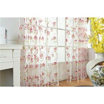 Kolachic Rod Pocket Top Rose Floral Sheer Voile Curtain, Pink Flower Tulle Transparent Window Treatment for Living Room Bedroom Glass Door, 54 by 84 Inch Each,1 Set of 2 Panels …