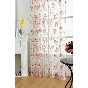 Kolachic Rod Pocket Top Rose Floral Sheer Voile Curtain, Pink Flower Tulle Transparent Window Treatment for Living Room Bedroom Glass Door, 54 by 84 Inch Each,1 Set of 2 Panels …