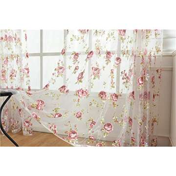 Kolachic Rod Pocket Top Rose Floral Sheer Voile Curtain, Pink Flower Tulle Transparent Window Treatment for Living Room Bedroom Glass Door, 54 by 84 Inch Each,1 Set of 2 Panels …