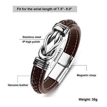 LJWVX Mens Leather Bracelet,Braided Leather Wristband Cuff Bracelets Stainless Steel Clasp,Jewellery Gift for Men Brown 8.0inch