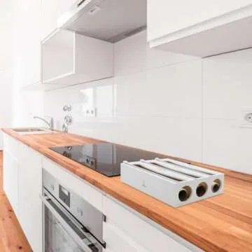 Cozee Bay Bamboo Wrap Dispenser with Cutter, Plastic Wrap Organizer, Aluminum Foil Organization, and Wax Paper Dispenser Holder for Kitchen Drawer and Wall, Compatible with 12" Roll (02 White)