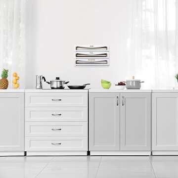 Cozee Bay Bamboo Wrap Dispenser with Cutter, Plastic Wrap Organizer, Aluminum Foil Organization, and Wax Paper Dispenser Holder for Kitchen Drawer and Wall, Compatible with 12" Roll (02 White)