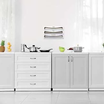 Cozee Bay Bamboo Wrap Dispenser with Cutter, Plastic Wrap Organizer, Aluminum Foil Organization, and Wax Paper Dispenser Holder for Kitchen Drawer and Wall, Compatible with 12" Roll (02 White)