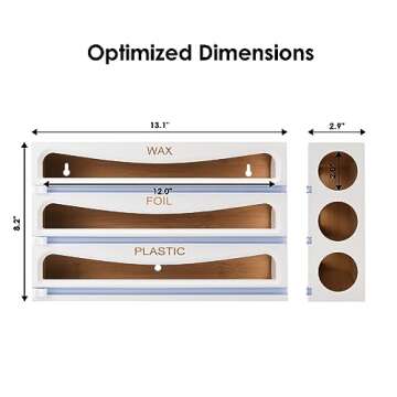 Cozee Bay Bamboo Wrap Dispenser with Cutter, Plastic Wrap Organizer, Aluminum Foil Organization, and Wax Paper Dispenser Holder for Kitchen Drawer and Wall, Compatible with 12" Roll (02 White)